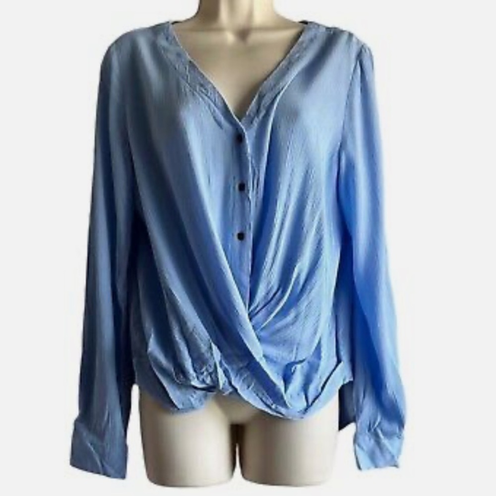 NWT A.N.A. Blue Button Down V Neck Twist Front Pop Over Blouse